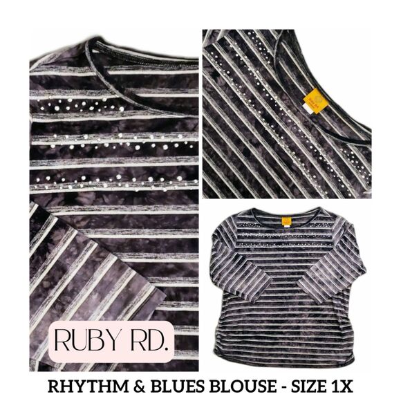 Ruby Rd Women Rhythm & Blues Blouse Grey & White Size 1X - Picture 1 of 8